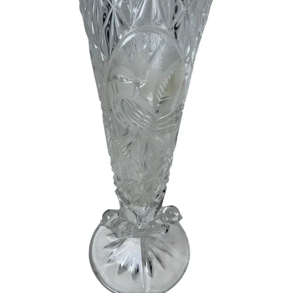 Hofbauer Byrdes Cut Crystal 7” Tall Vase with Sawtooth Edge Birds Fast Shipping
